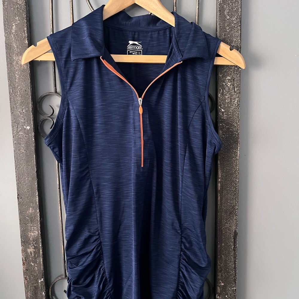 Slazenger Dark Blue Sleeveless Golf Top with Bright Orange Zipper